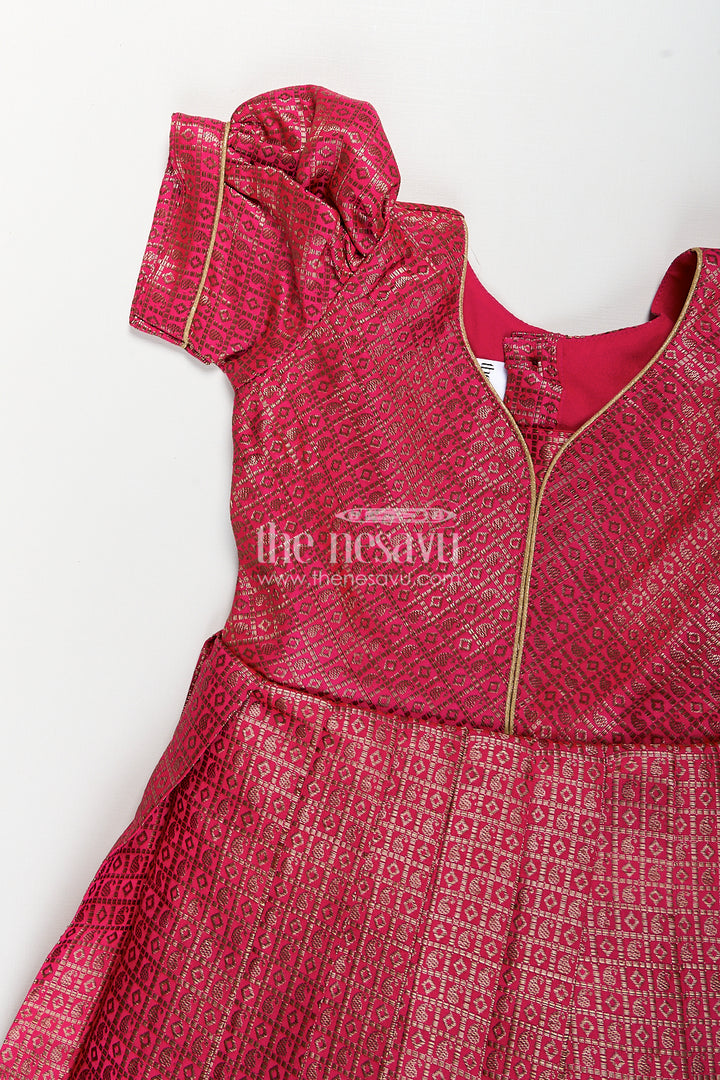 Girls Anarkali Dress for Wedding in Semi Banaras Silk with Rich Maroon Zari Brocade and Grand Pleated Flare