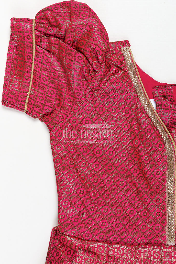 Girls Anarkali Dress for Wedding in Semi Banaras Silk with Rich Maroon Zari Brocade and Grand Pleated Flare