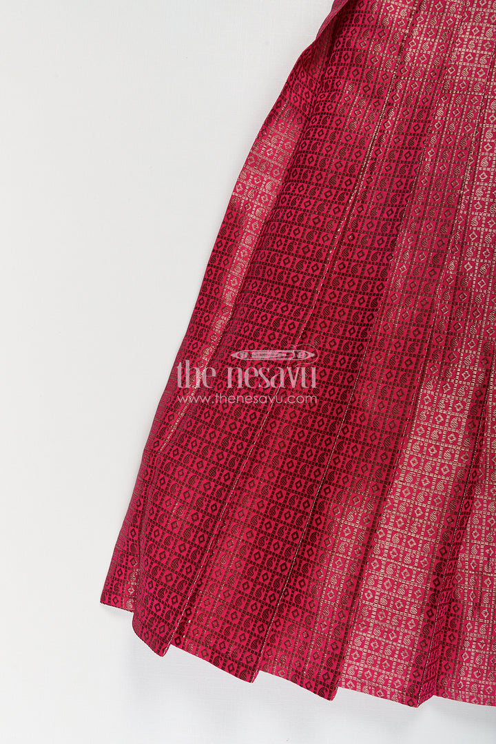 Girls Anarkali Dress for Wedding in Semi Banaras Silk with Rich Maroon Zari Brocade and Grand Pleated Flare