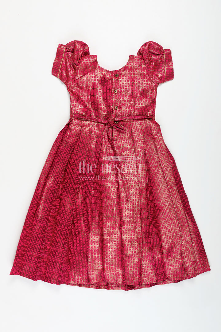 Girls Anarkali Dress for Wedding in Semi Banaras Silk with Rich Maroon Zari Brocade and Grand Pleated Flare