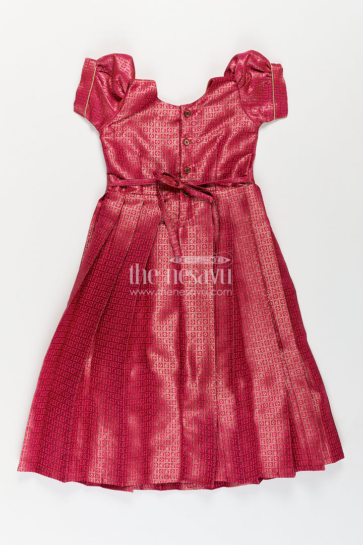 Girls Anarkali Dress for Wedding in Semi Banaras Silk with Rich Maroon Zari Brocade and Grand Pleated Flare