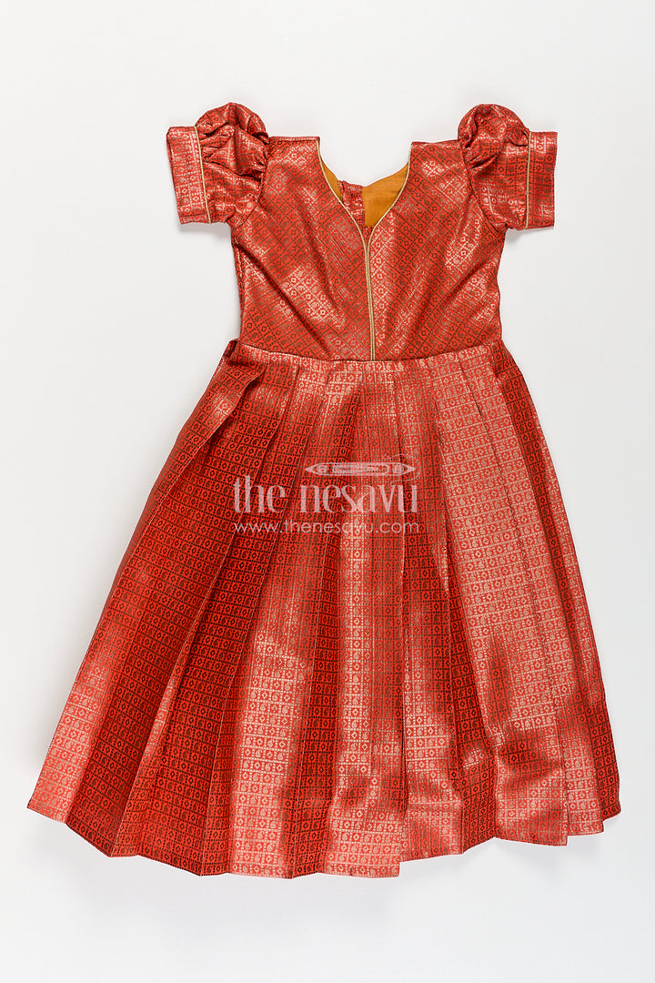 Girls Anarkali Dress Design in Semi Banaras Silk with Rust Orange Zari Brocade and Flared Box Pleats