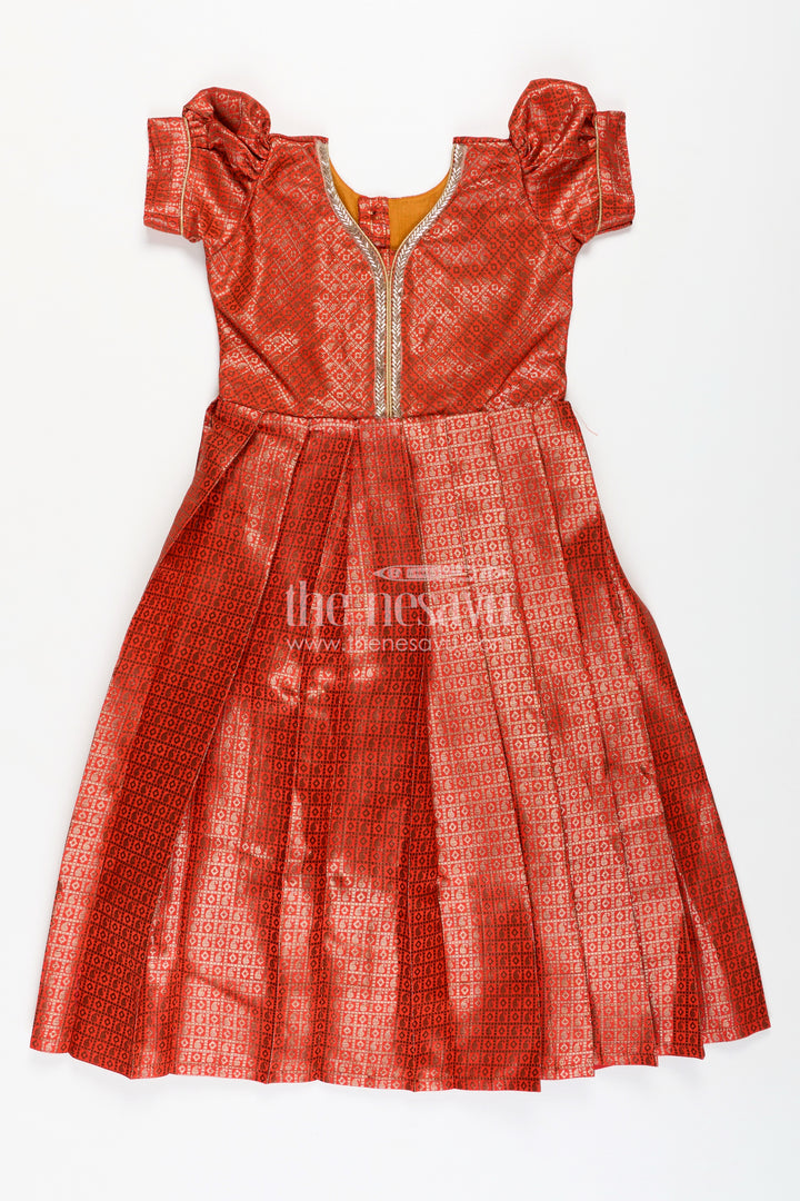Girls Anarkali Dress Design in Semi Banaras Silk with Rust Orange Zari Brocade and Flared Box Pleats