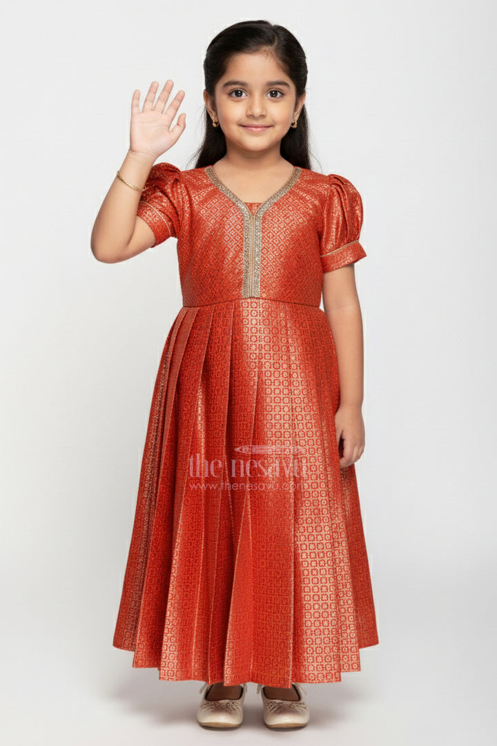 Girls Anarkali Dress Design in Semi Banaras Silk with Rust Orange Zari Brocade and Flared Box Pleats