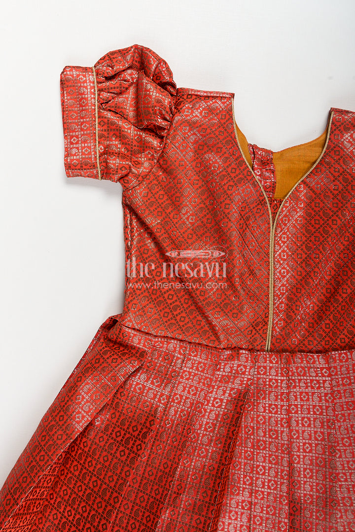 Girls Anarkali Dress Design in Semi Banaras Silk with Rust Orange Zari Brocade and Flared Box Pleats