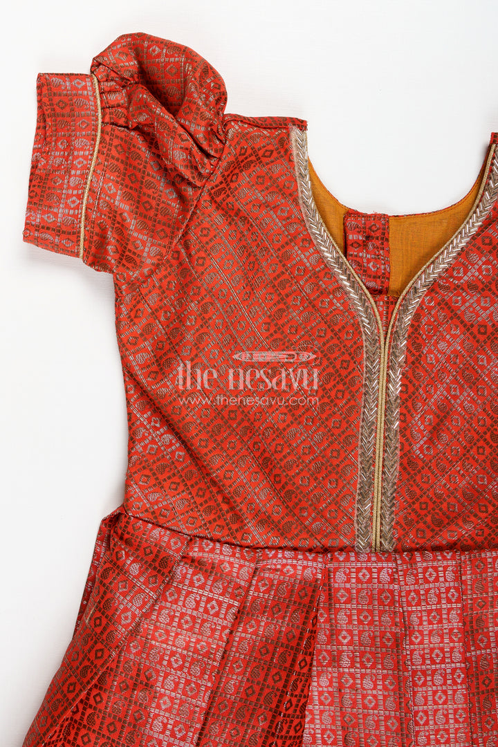 Girls Anarkali Dress Design in Semi Banaras Silk with Rust Orange Zari Brocade and Flared Box Pleats
