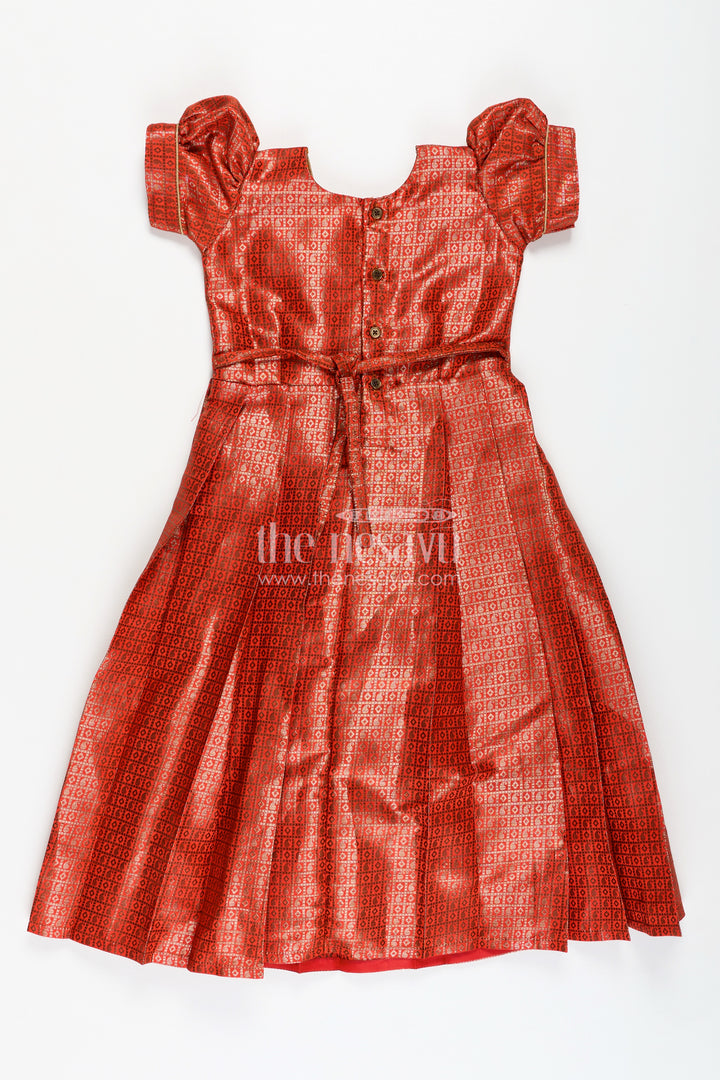 Girls Anarkali Dress Design in Semi Banaras Silk with Rust Orange Zari Brocade and Flared Box Pleats