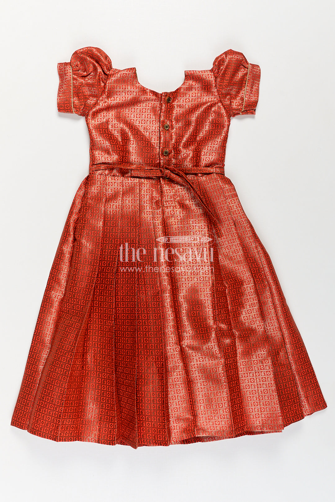 Girls Anarkali Dress Design in Semi Banaras Silk with Rust Orange Zari Brocade and Flared Box Pleats