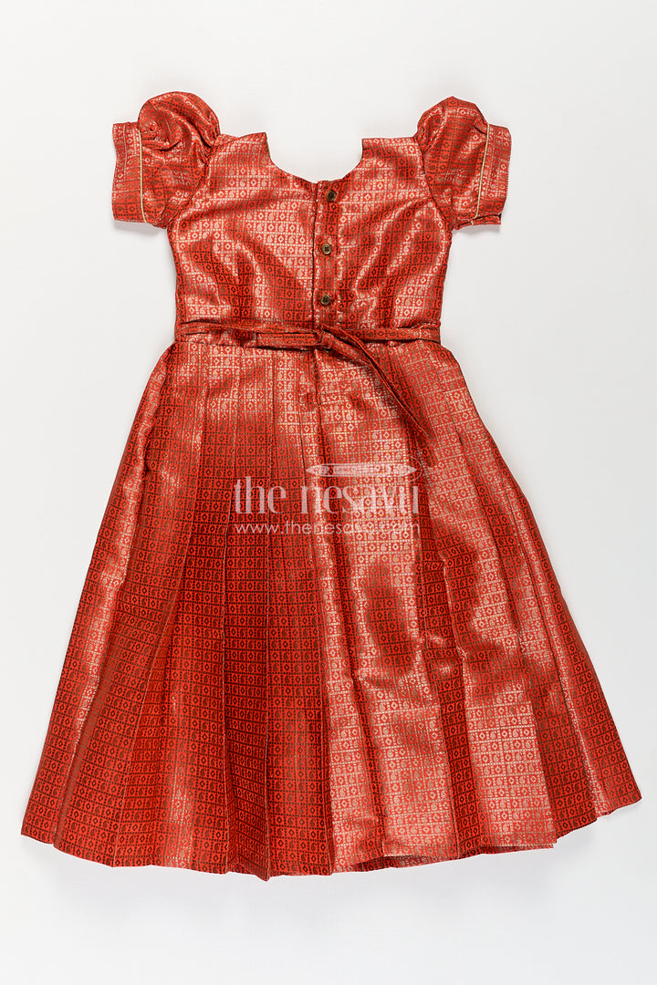 Girls Anarkali Dress Design in Semi Banaras Silk with Rust Orange Zari Brocade and Flared Box Pleats
