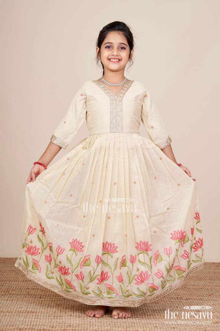Embroidered silk gown for girls perfect for weddings and festive occasions