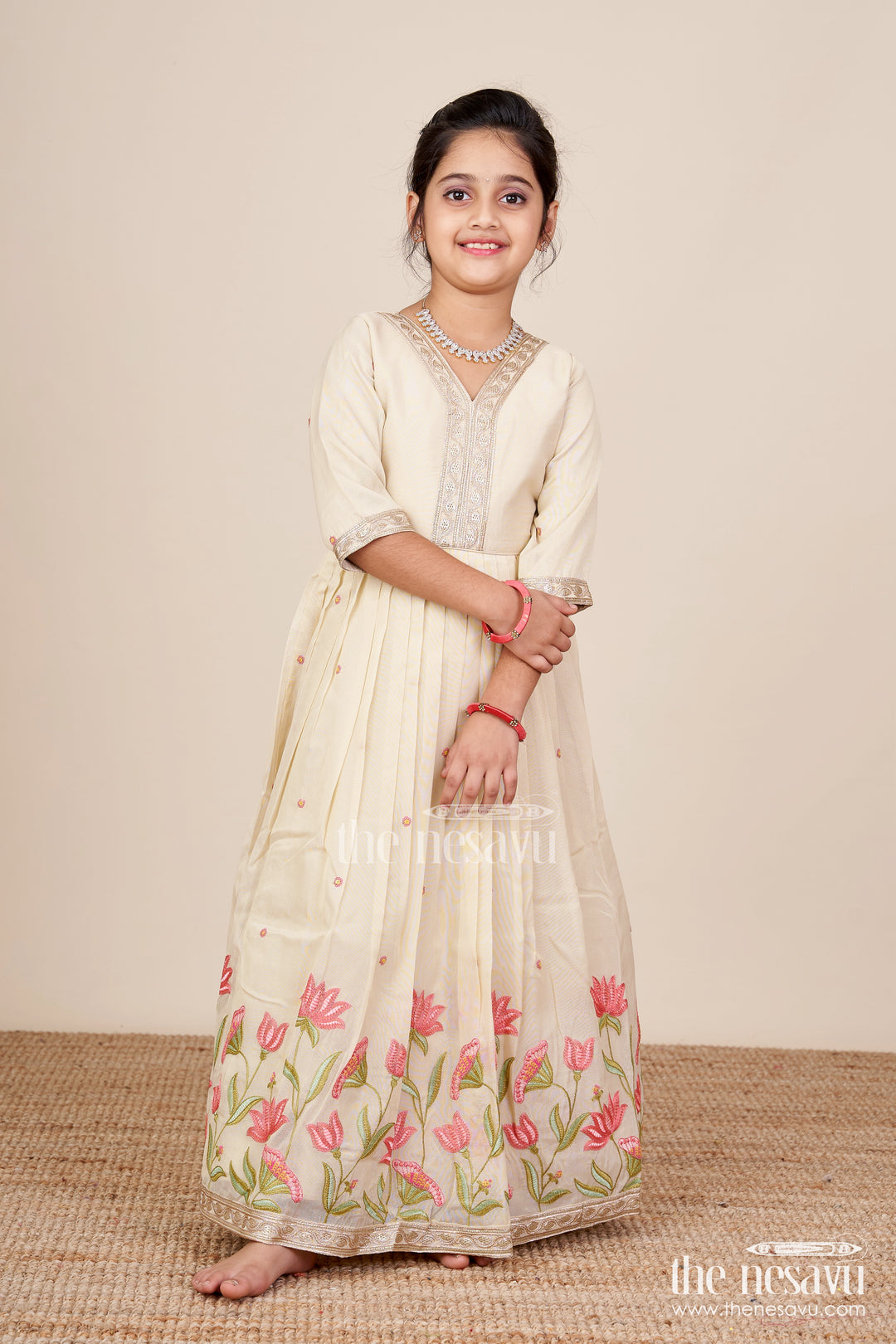 Embroidered silk gown for girls perfect for weddings and festive occasions