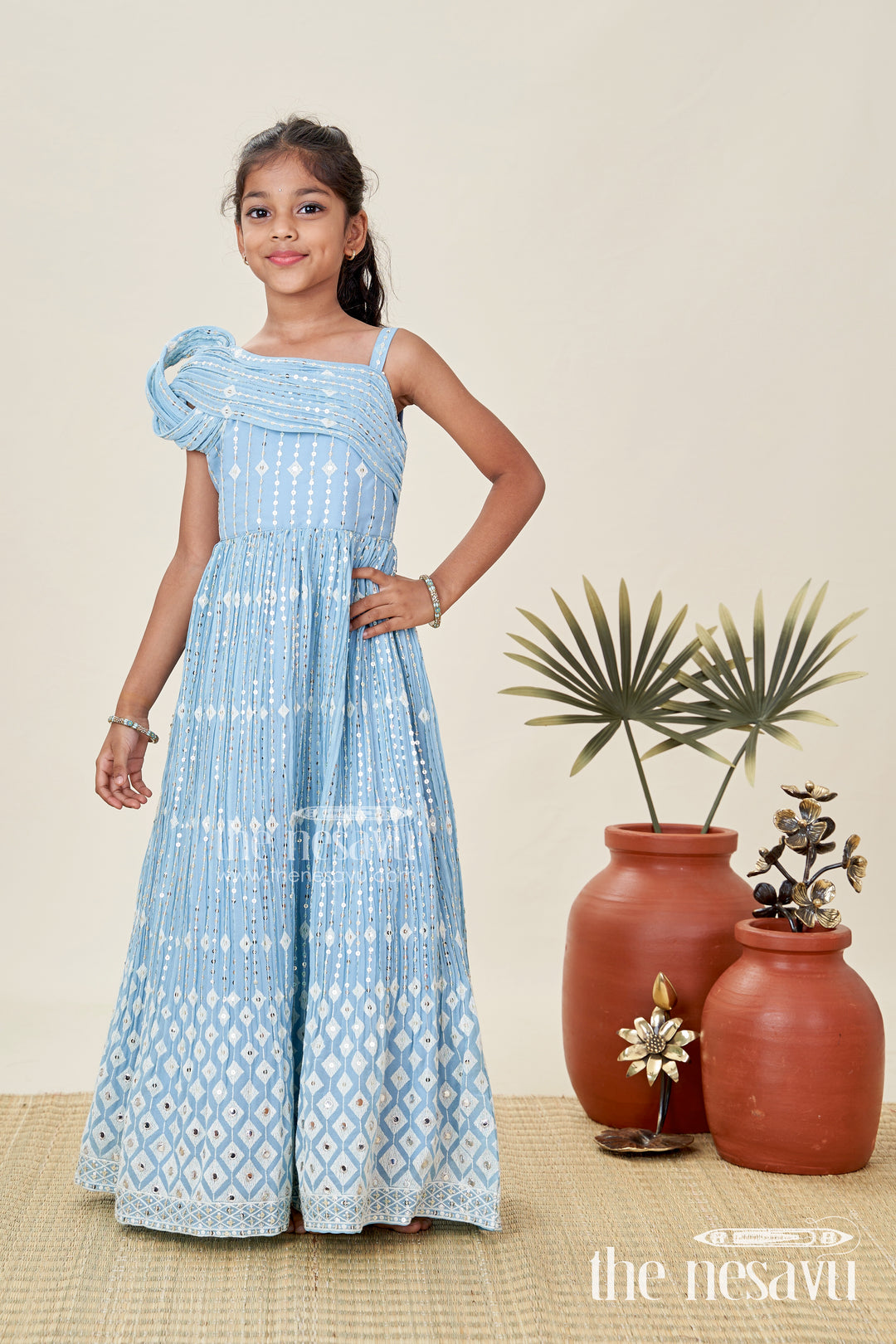 Girls Pleated Anarkali Gown Festive Embroidered Outfit