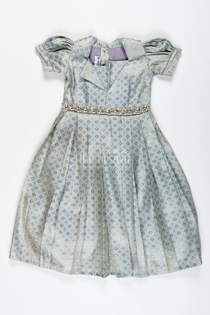 Girls Semi Banaras Silk Gown With Collar Ethnic Grey And Gold Party Wear