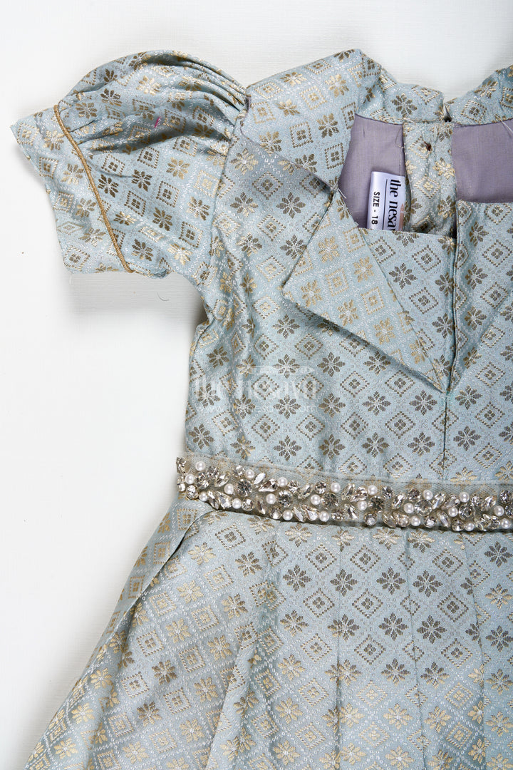 Girls Semi Banaras Silk Gown With Collar Ethnic Grey And Gold Party Wear