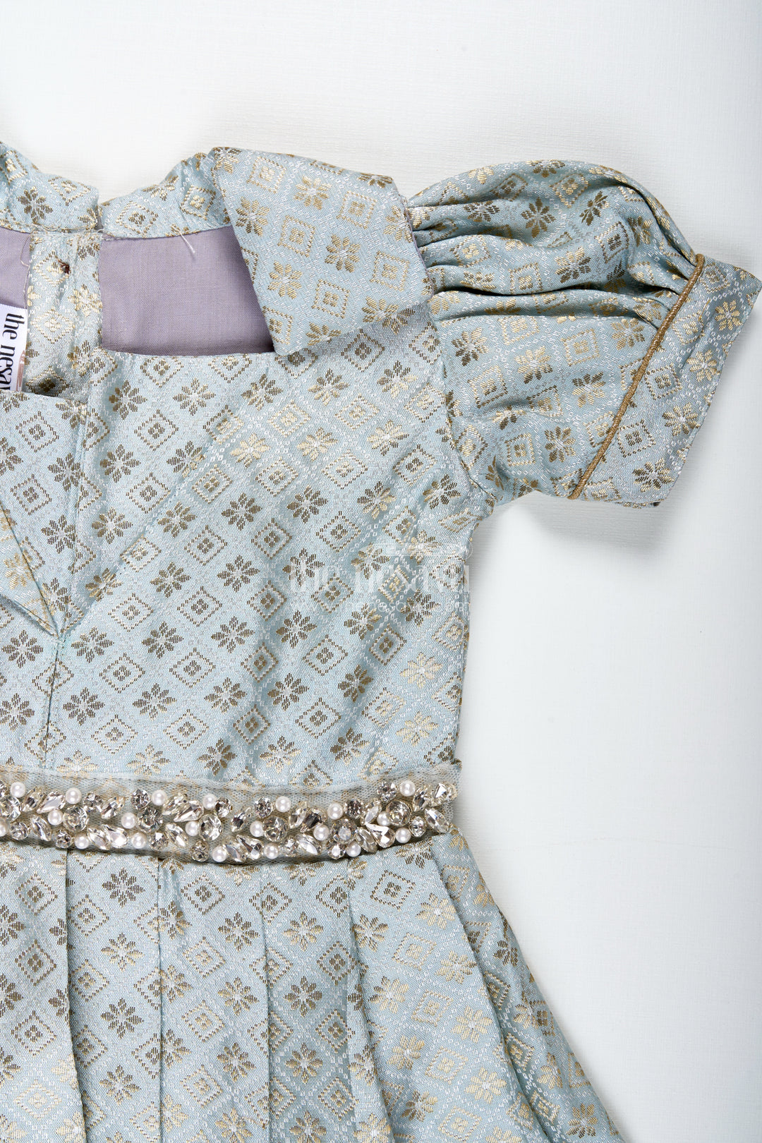 Girls Semi Banaras Silk Gown With Collar Ethnic Grey And Gold Party Wear