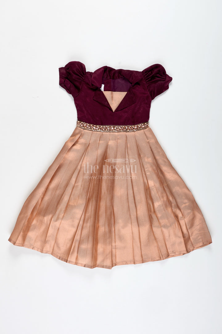 Velvet Party Gown For Girls With Tissue Silk Skirt Wine And Gold Festive Dress