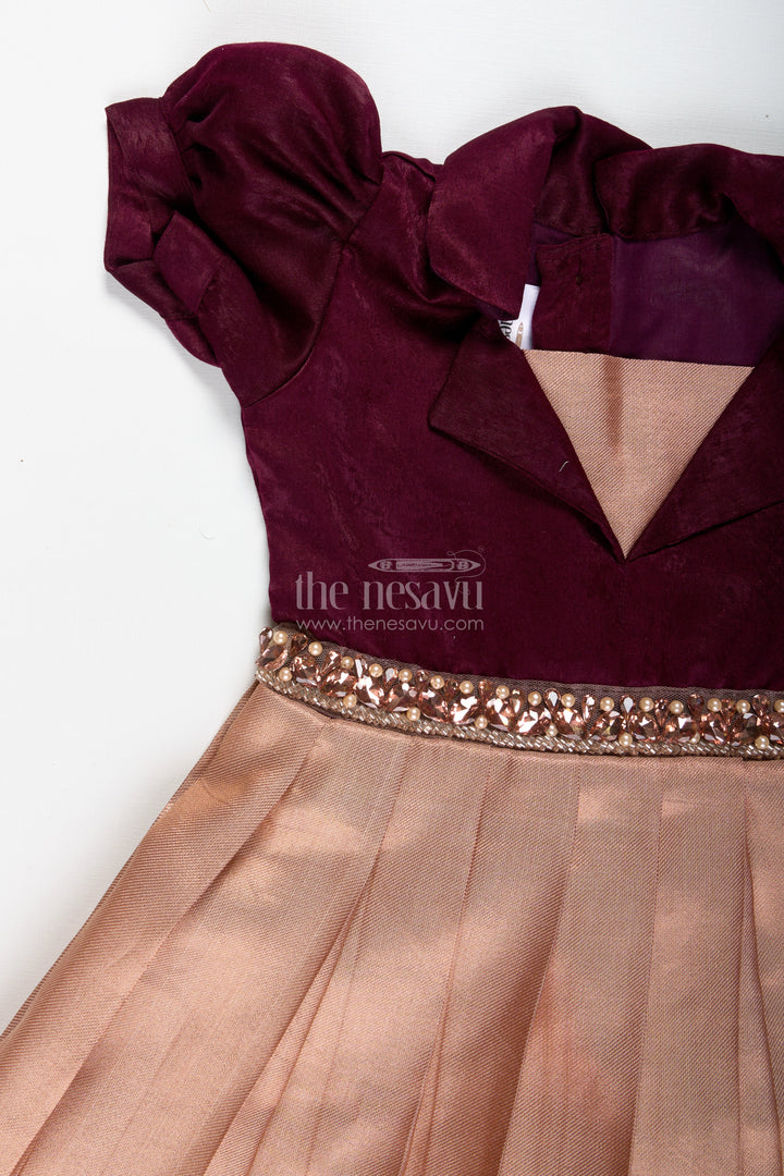 Velvet Party Gown For Girls With Tissue Silk Skirt Wine And Gold Festive Dress
