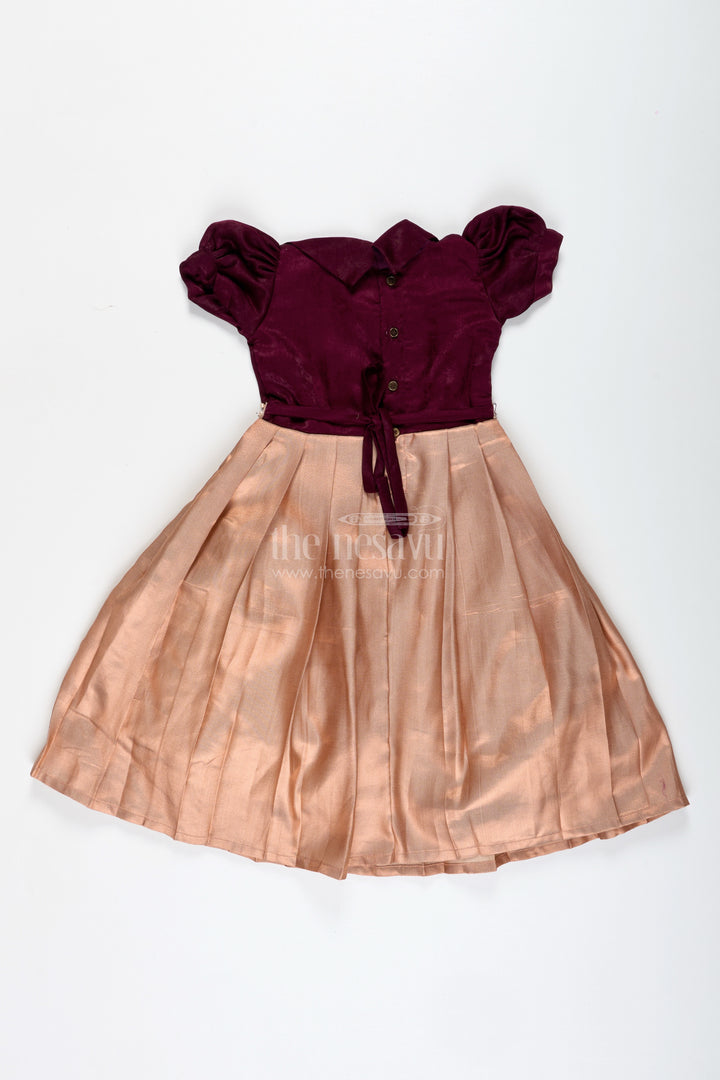 Velvet Party Gown For Girls With Tissue Silk Skirt Wine And Gold Festive Dress