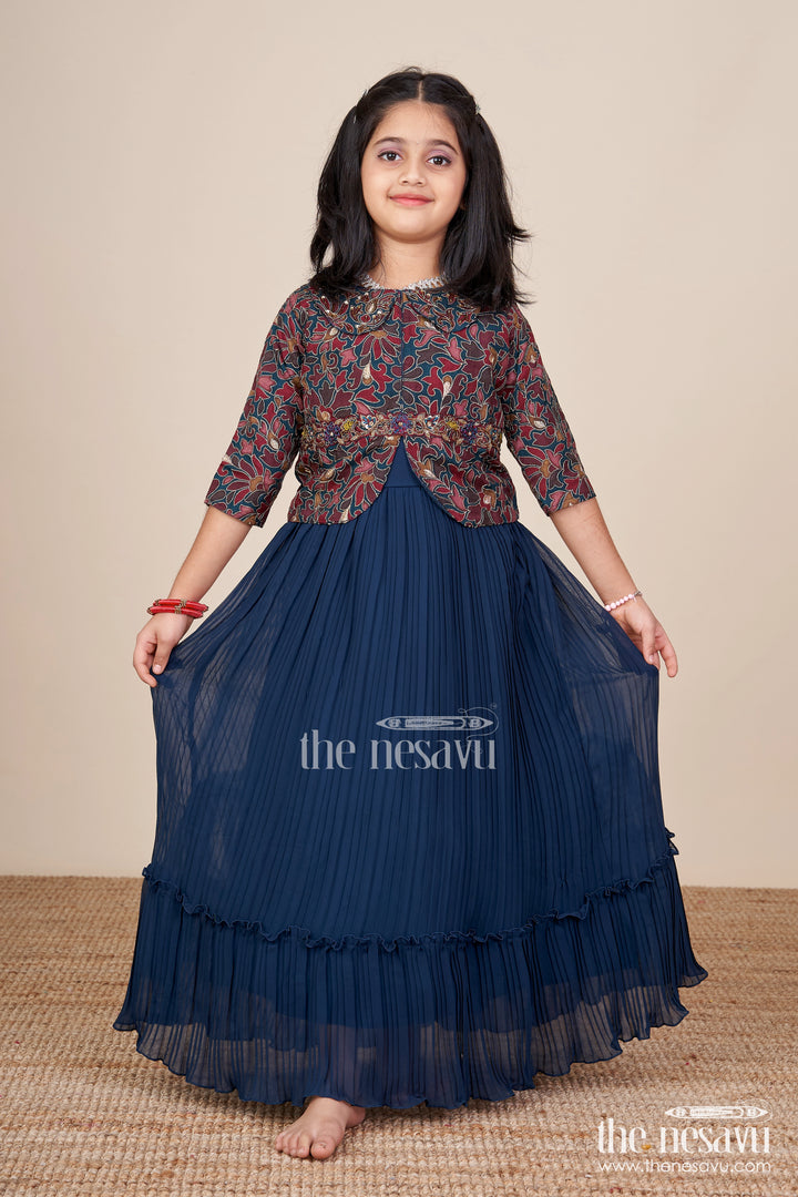 Girls georgette party gown with embroidered designer jacket