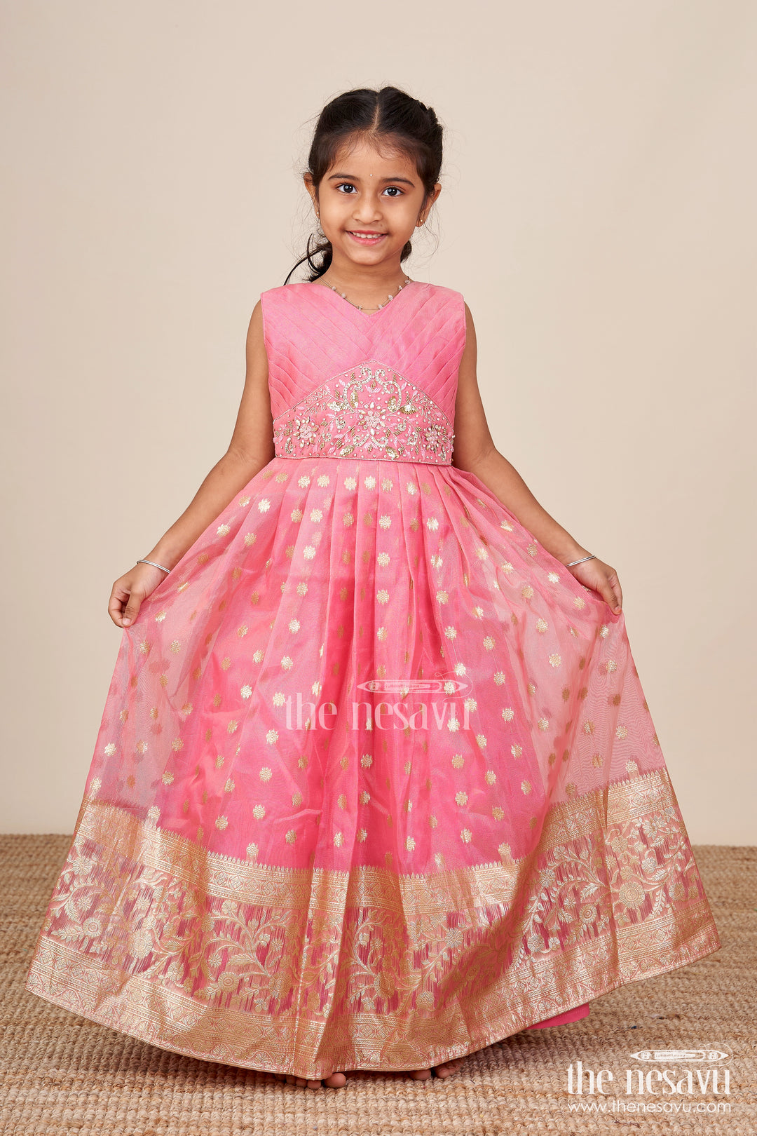Girls silk gown with zari border for weddings and grand occasions