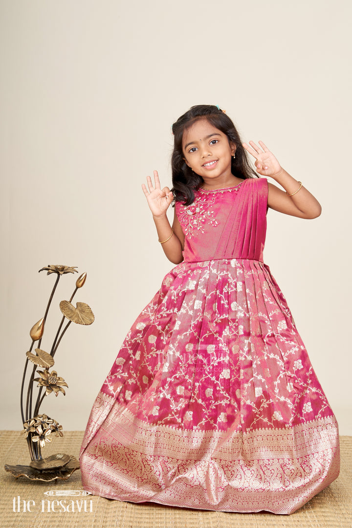 Girls magenta Kora tissue silk Anarkali with big zari border