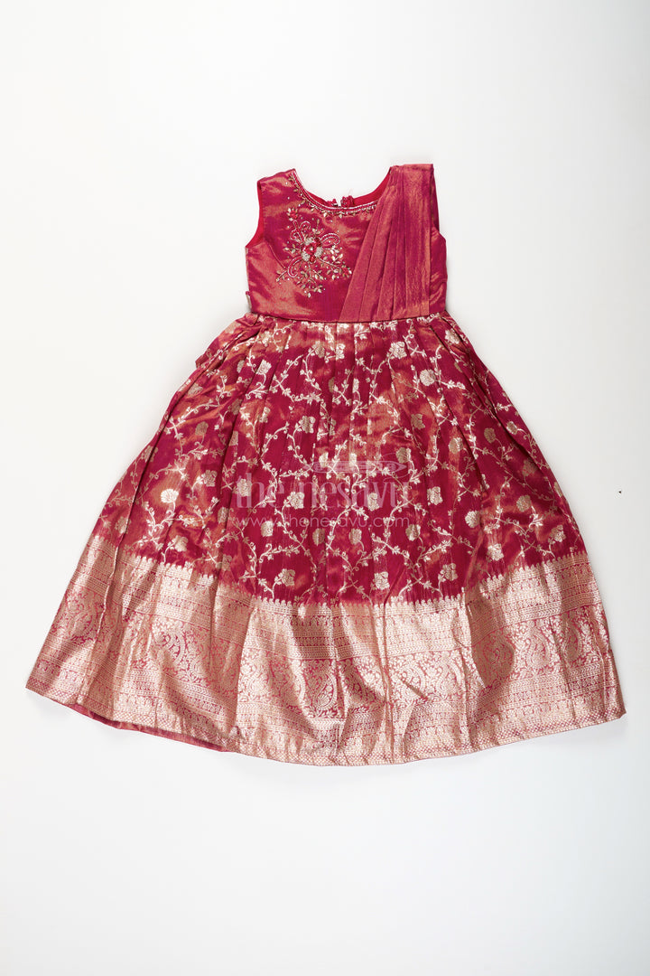 Girls magenta Kora tissue silk Anarkali with big zari border