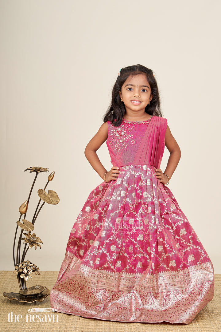 Girls magenta Kora tissue silk Anarkali with big zari border