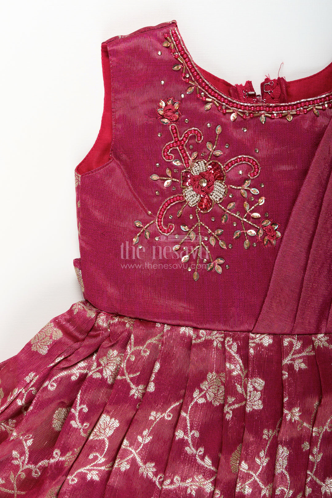 Girls magenta Kora tissue silk Anarkali with big zari border