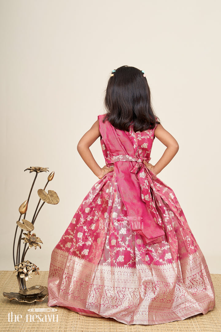 Girls magenta Kora tissue silk Anarkali with big zari border