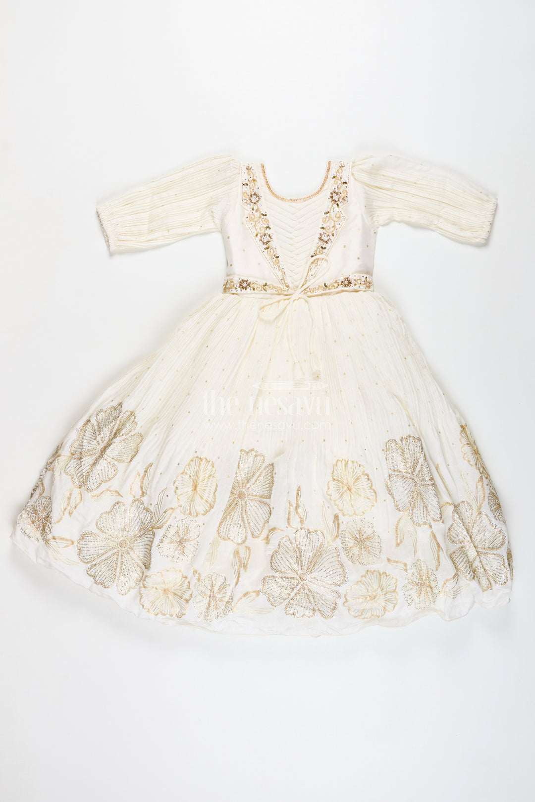 Baby Girl Cream Gown For Festive Occasions Georgette Ethnic Dress With Floral Stone Embroidery