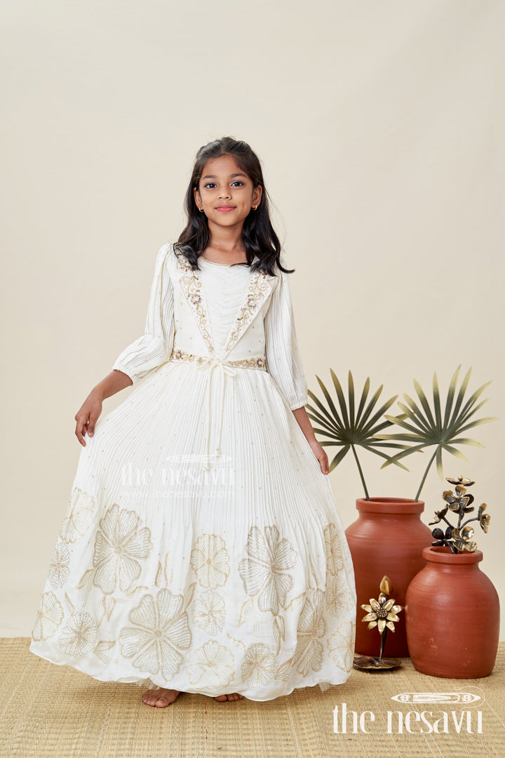 Baby Girl Cream Gown For Festive Occasions Georgette Ethnic Dress With Floral Stone Embroidery
