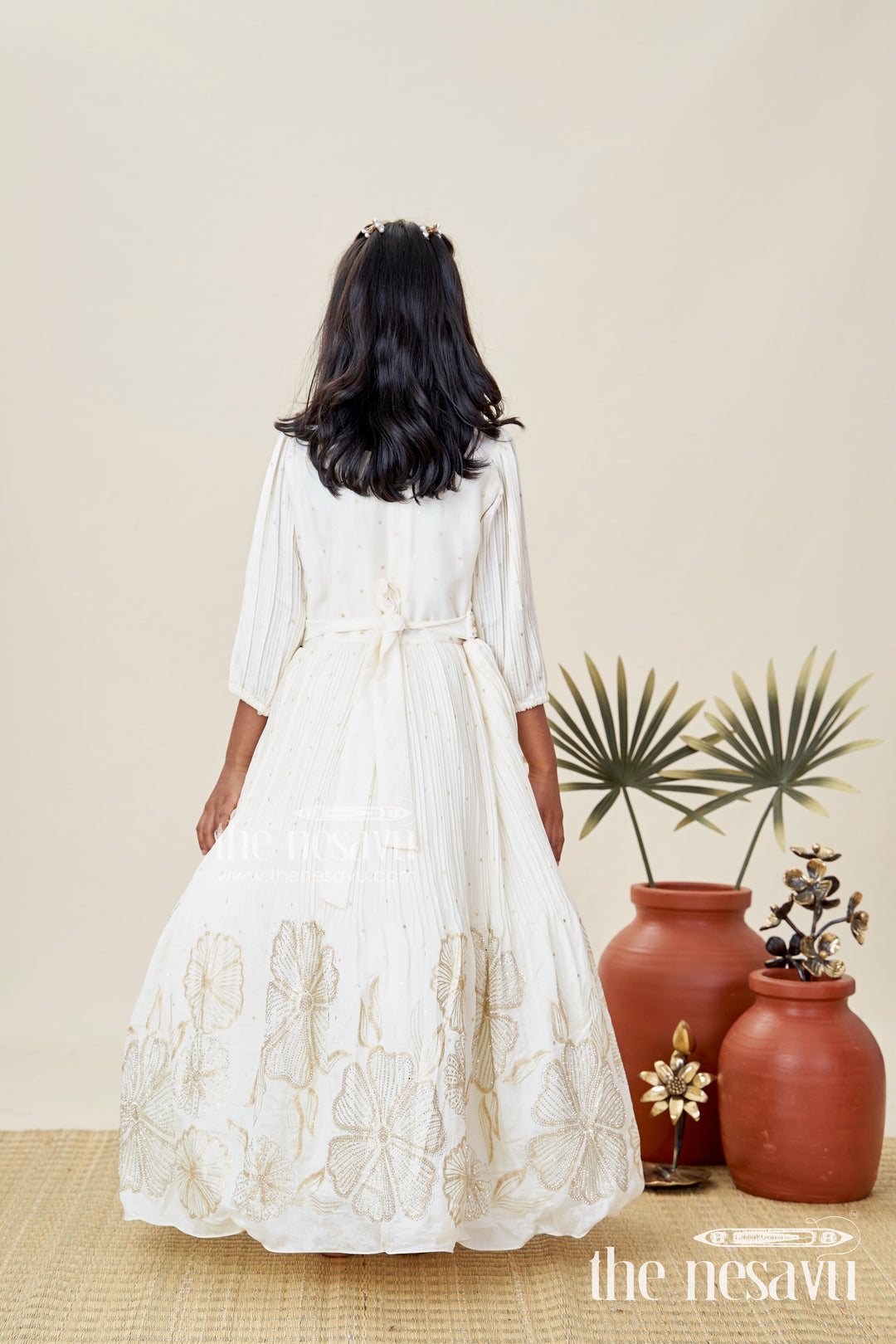 Baby Girl Cream Gown For Festive Occasions Georgette Ethnic Dress With Floral Stone Embroidery