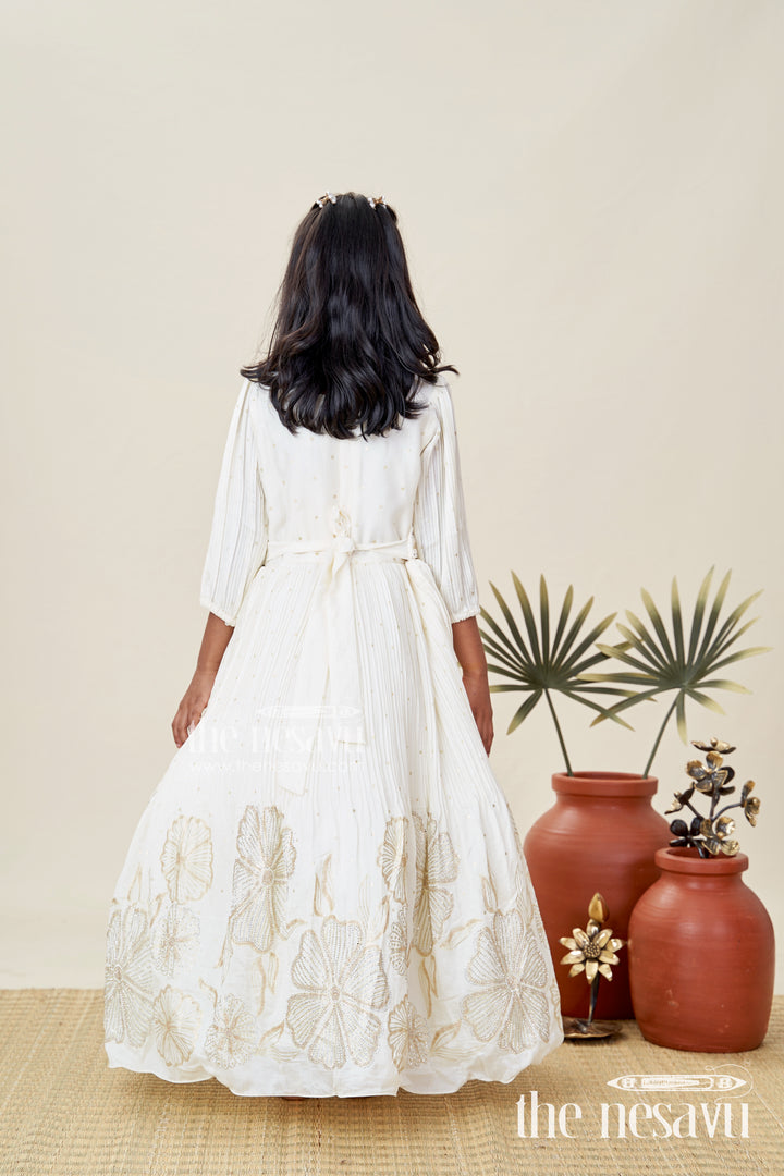 Baby Girl Cream Gown For Festive Occasions Georgette Ethnic Dress With Floral Stone Embroidery