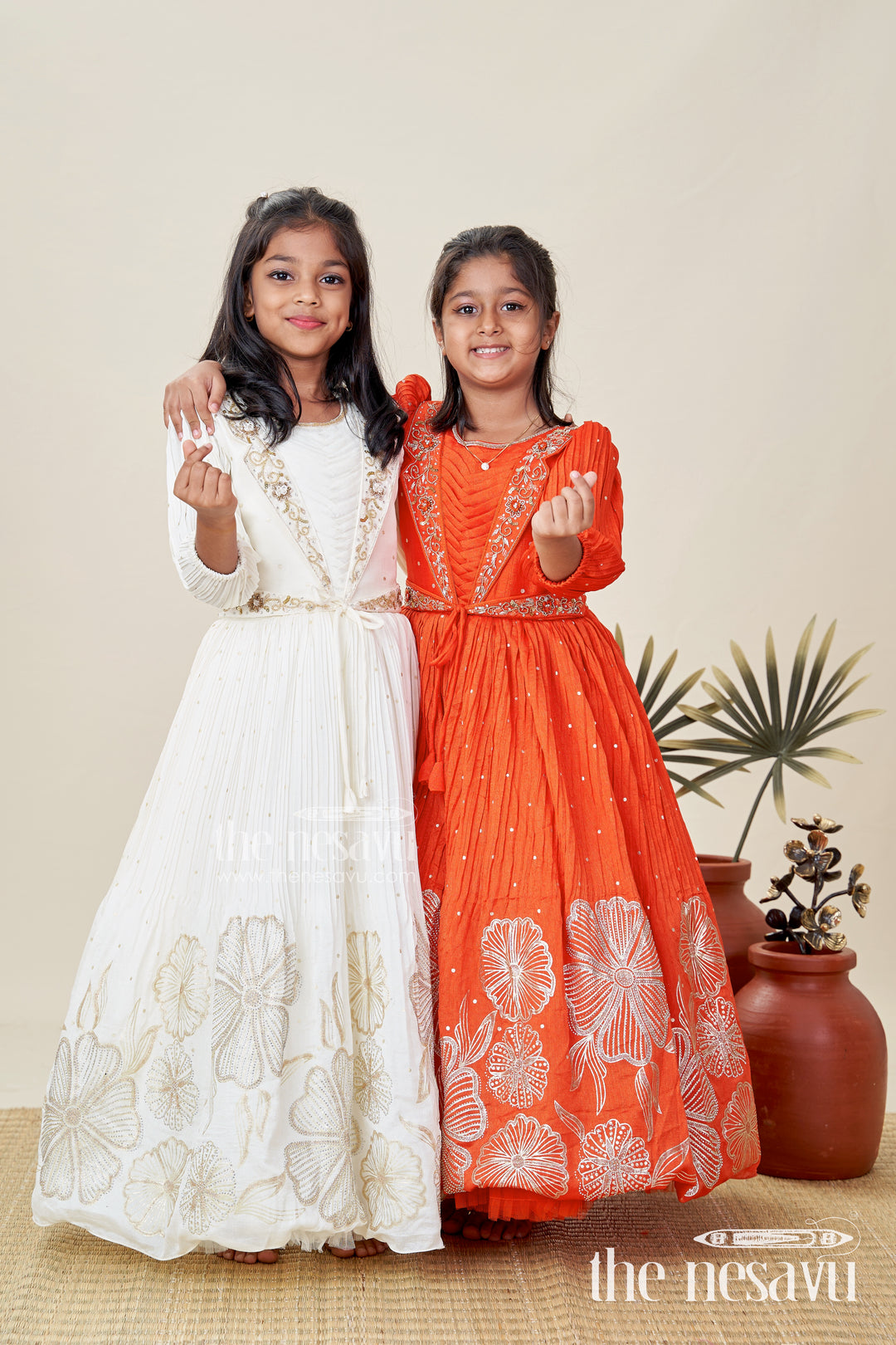 Baby Girl Cream Gown For Festive Occasions Georgette Ethnic Dress With Floral Stone Embroidery