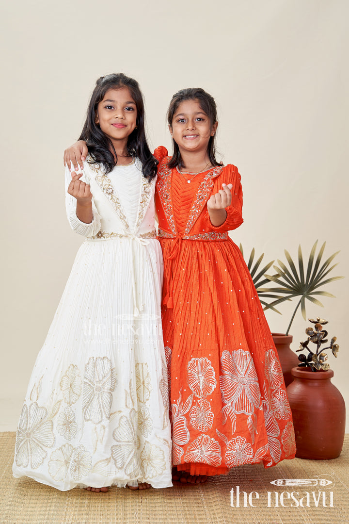 Baby Girl Cream Gown For Festive Occasions Georgette Ethnic Dress With Floral Stone Embroidery