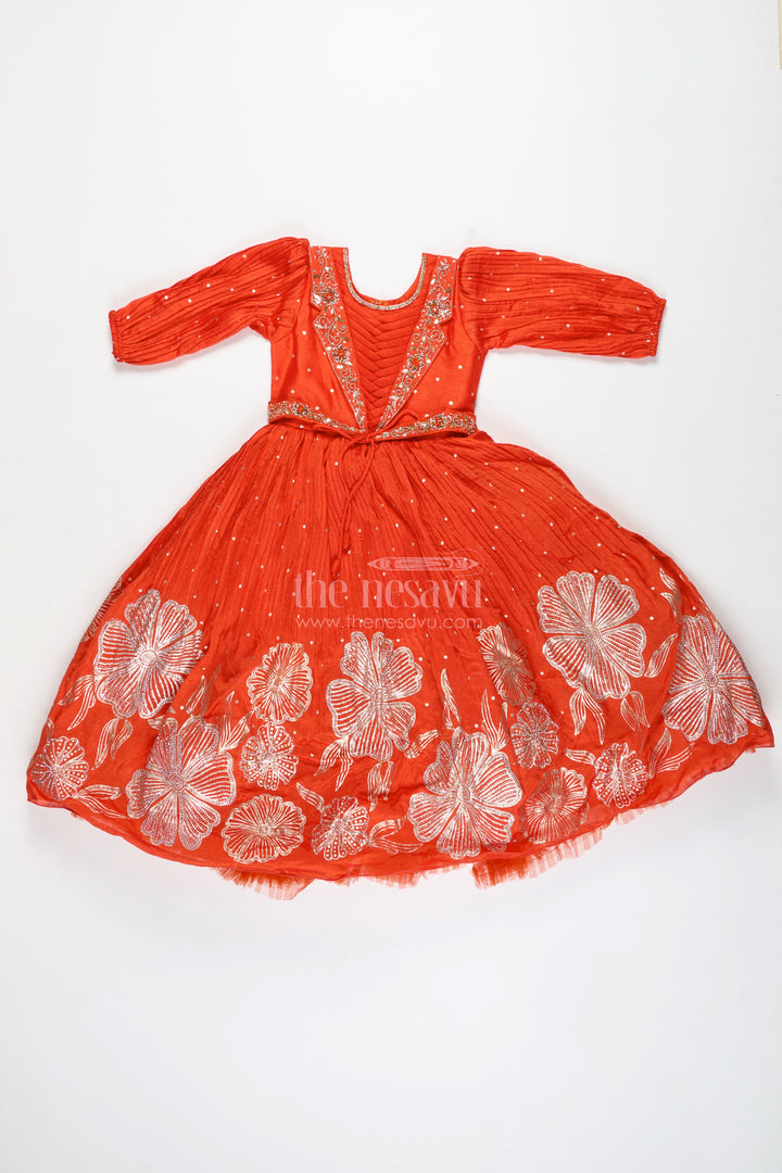 Baby Girl Orange Gown For Festive Celebrations Ethnic Stone Embellished Sibling Dress