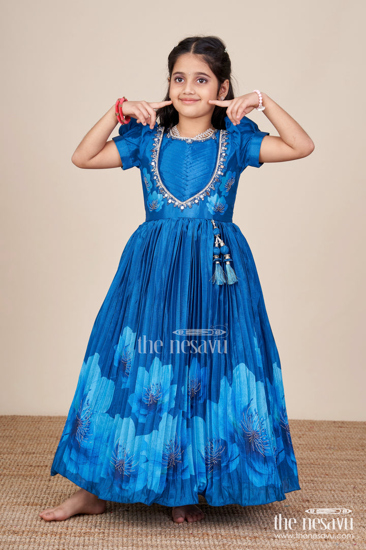 Party gown for girls with floral print and mirror work