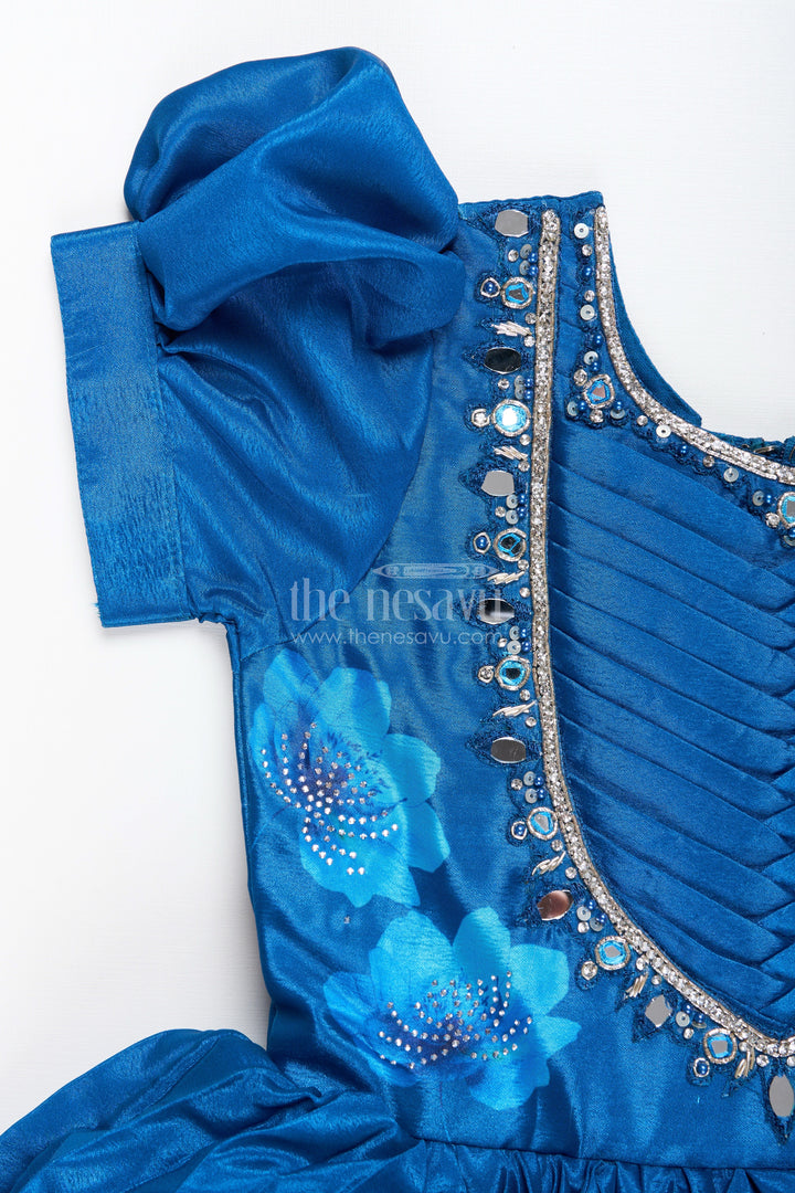 Party gown for girls with floral print and mirror work