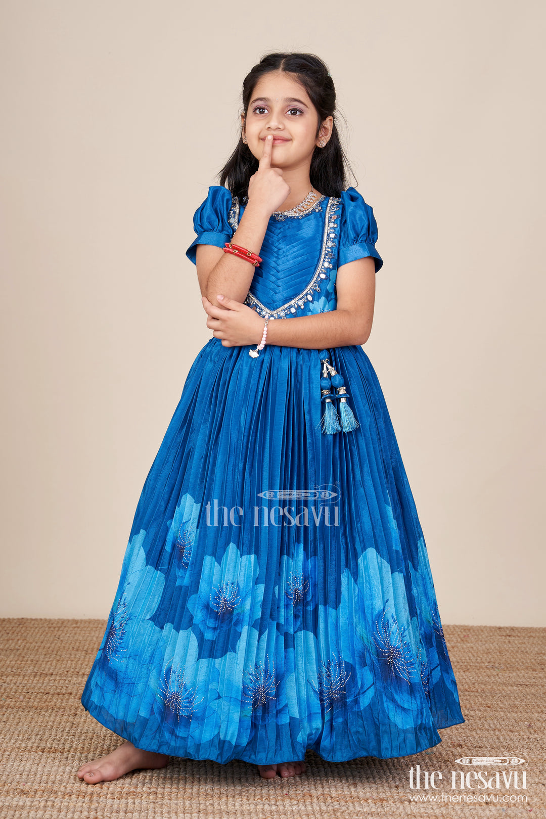 Party gown for girls with floral print and mirror work