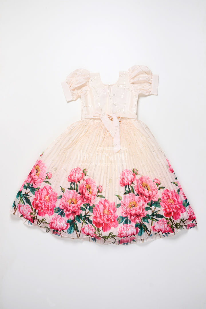 Party gown for girls with floral print and puff sleeves for birthdays and events
