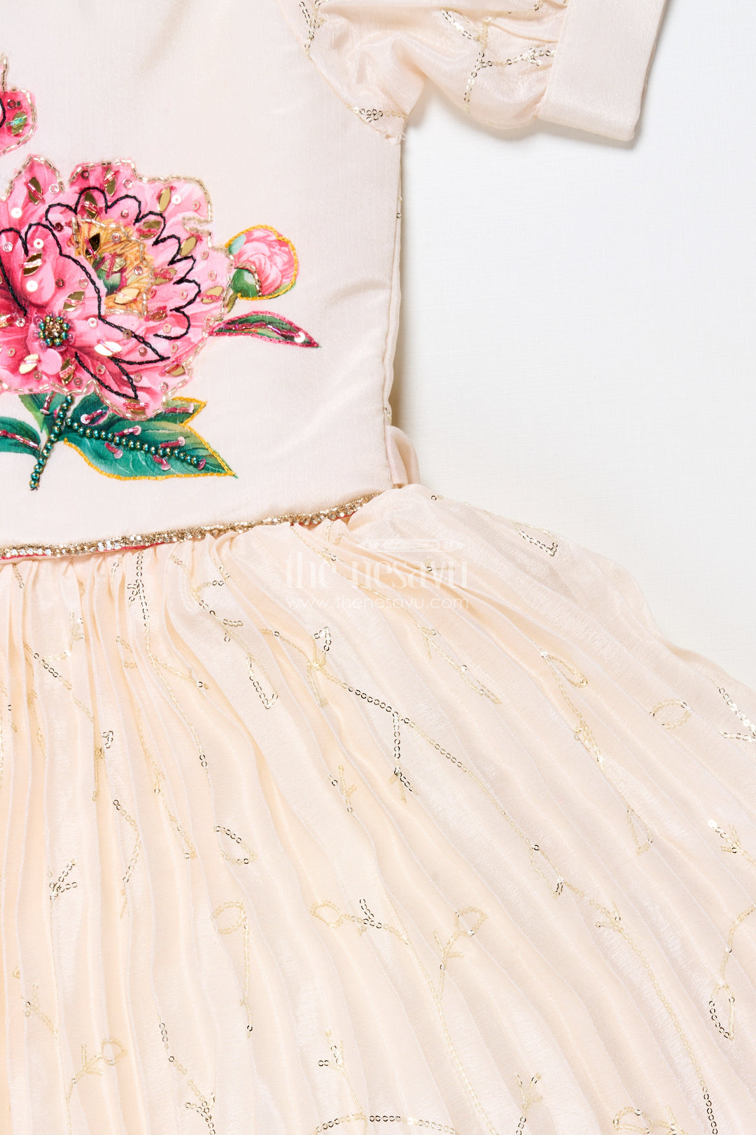 Party gown for girls with floral print and puff sleeves for birthdays and events