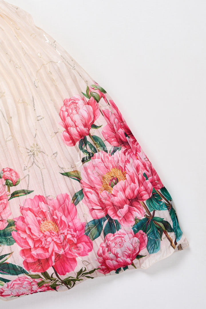 Party gown for girls with floral print and puff sleeves for birthdays and events
