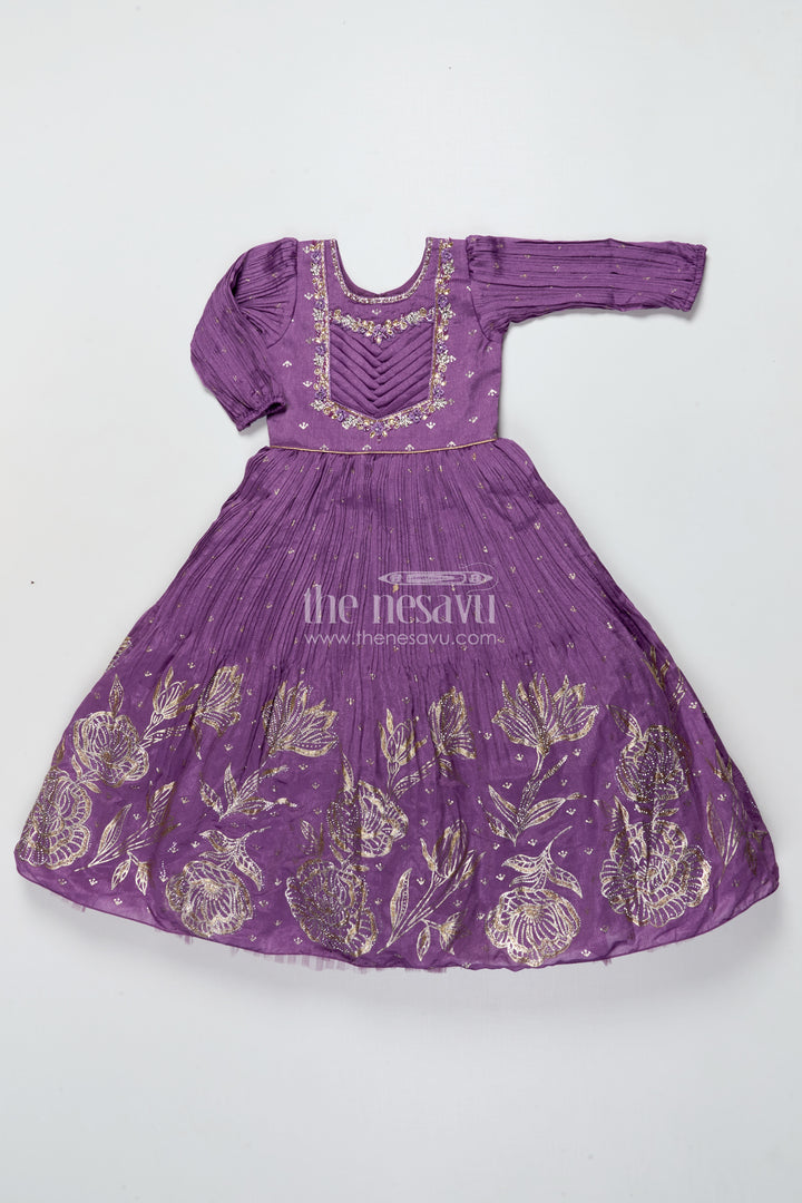 Girls Purple Silk Gown with Designer Yoke for Birthday and Festive Wear