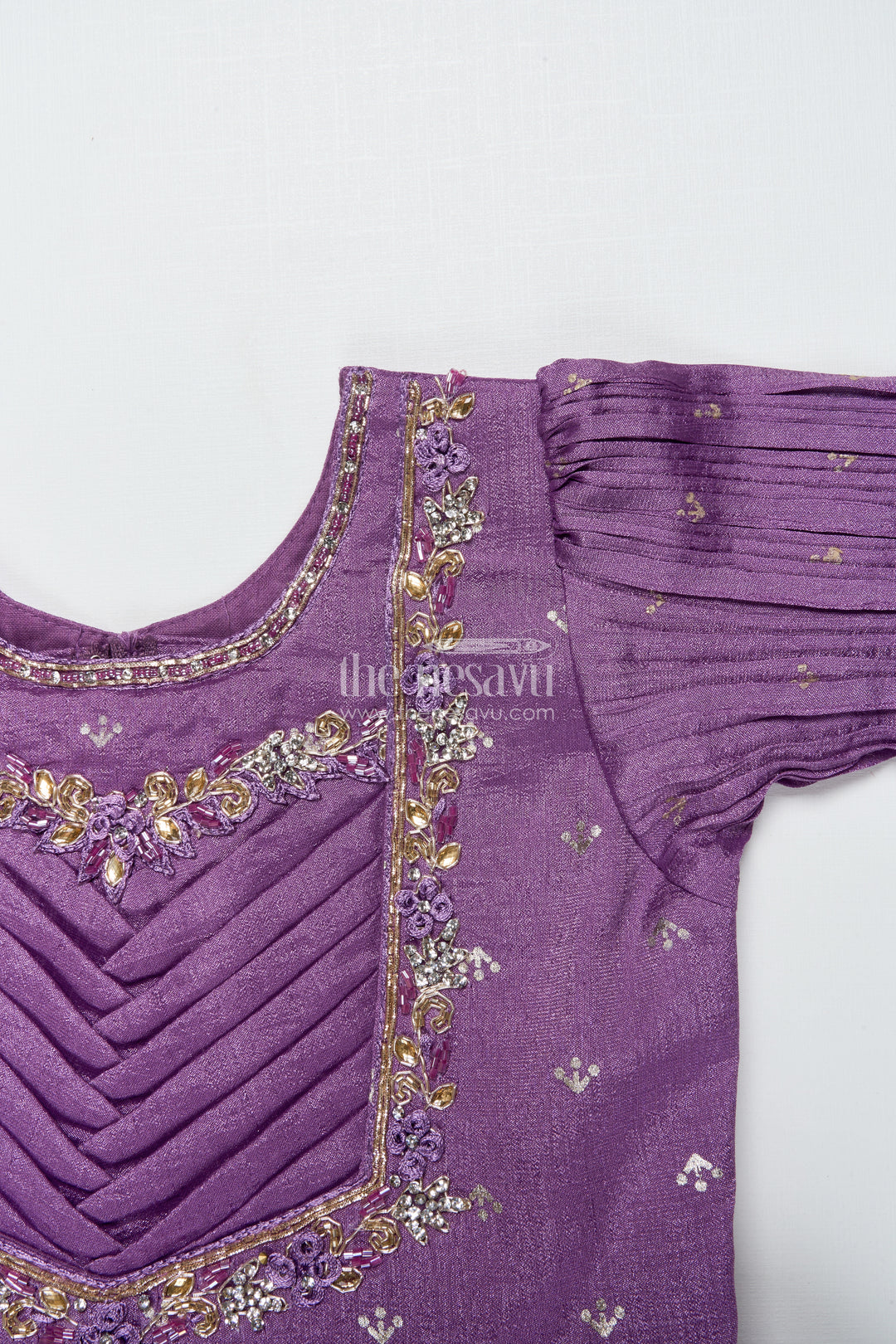 Girls Purple Silk Gown with Designer Yoke for Birthday and Festive Wear