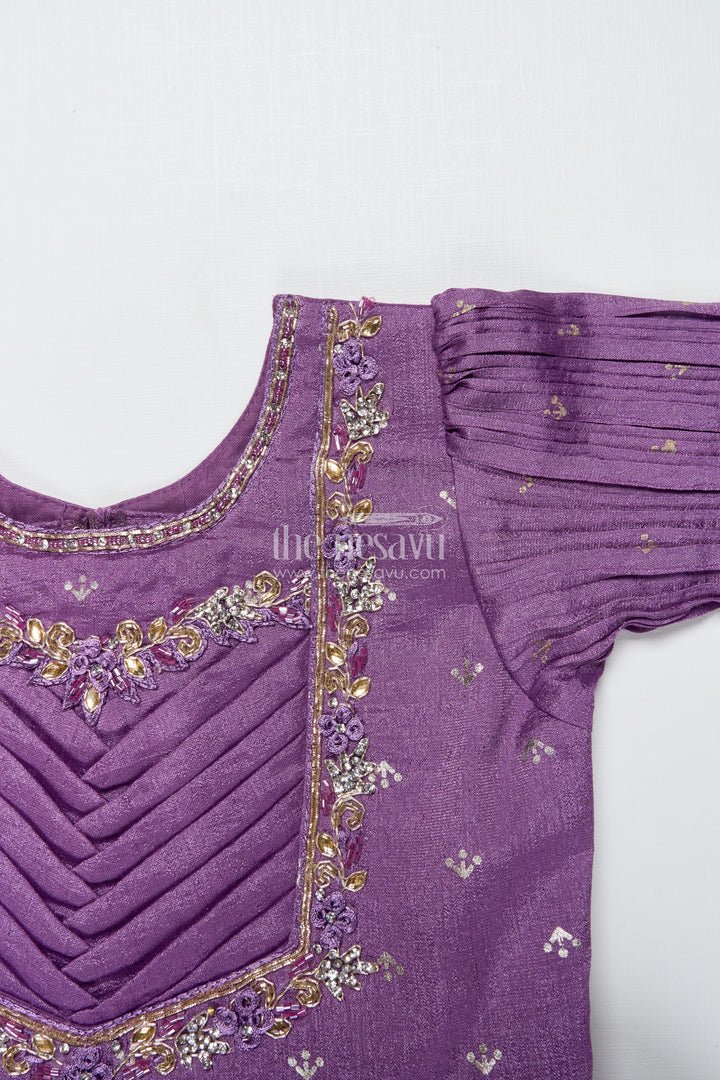 Girls Purple Silk Gown with Designer Yoke for Birthday and Festive Wear