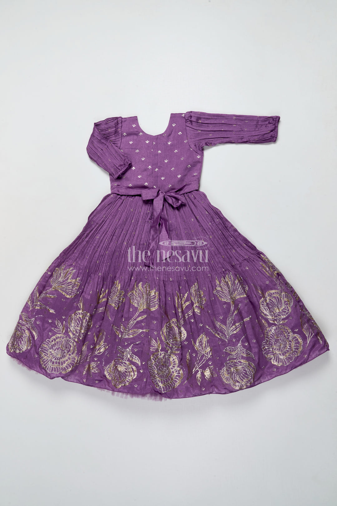 Girls Purple Silk Gown with Designer Yoke for Birthday and Festive Wear