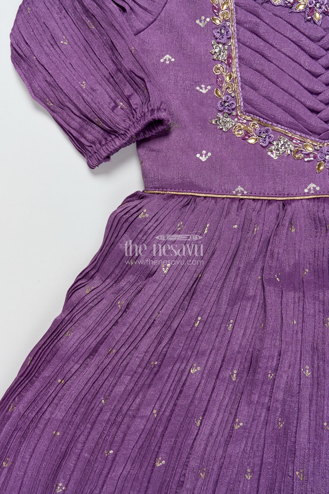 Girls Purple Silk Gown with Designer Yoke for Birthday and Festive Wear