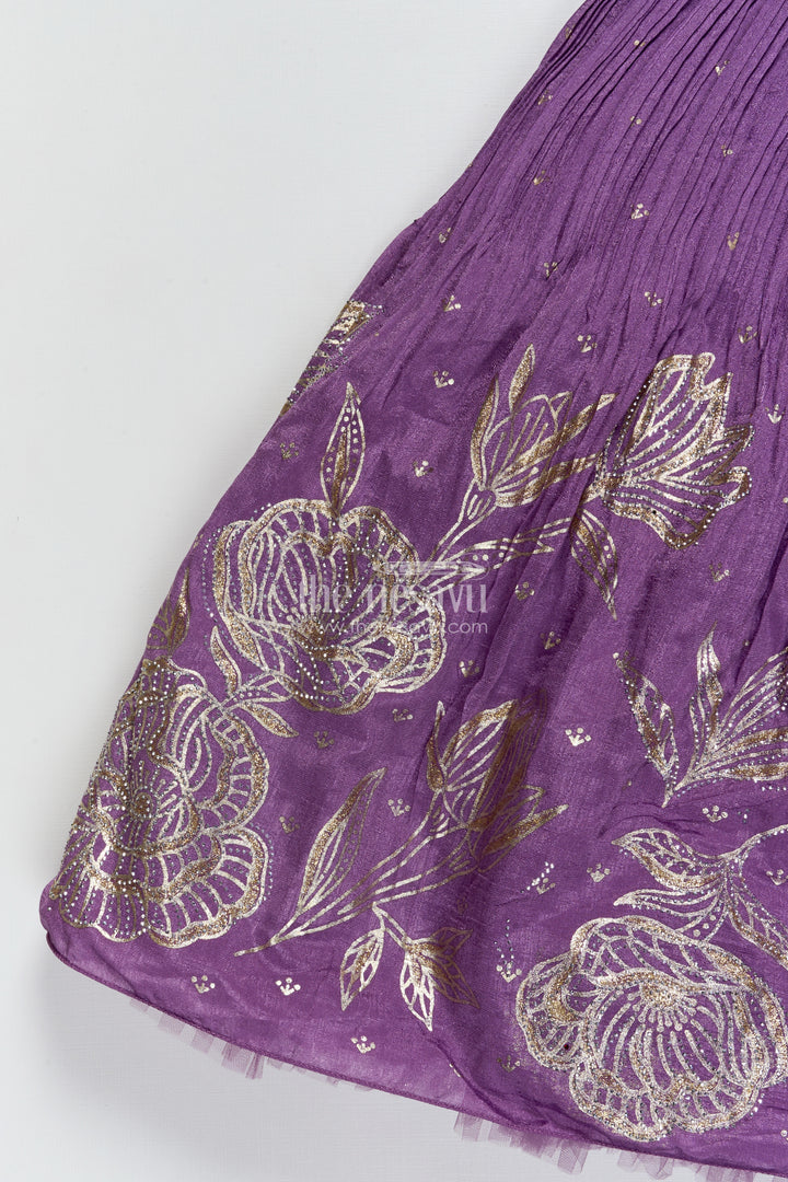Girls Purple Silk Gown with Designer Yoke for Birthday and Festive Wear