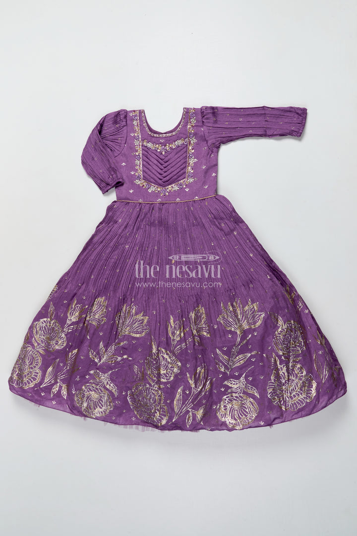 Girls Purple Silk Gown with Designer Yoke for Birthday and Festive Wear