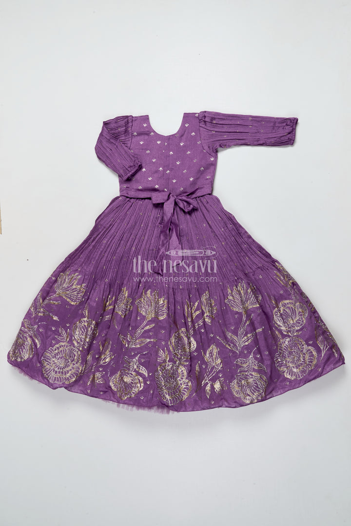 Girls Purple Silk Gown with Designer Yoke for Birthday and Festive Wear